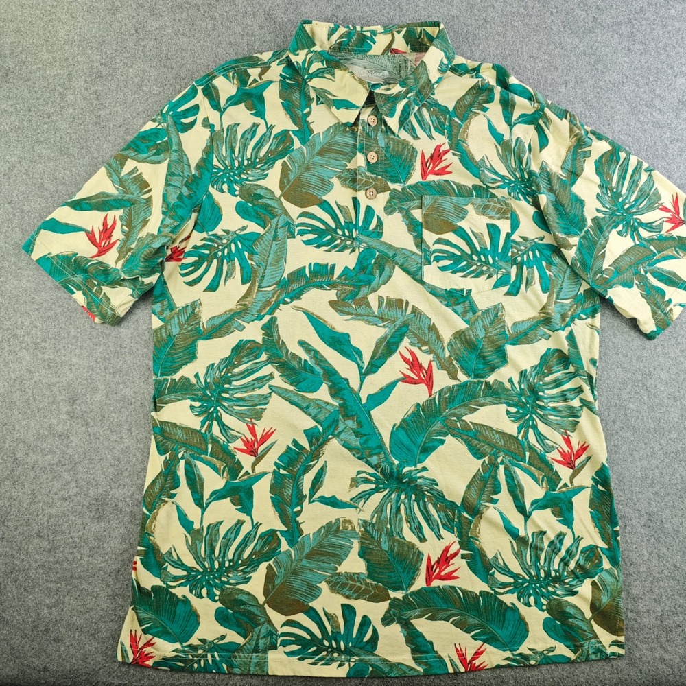 KS Island Polo Shirt Mens XL Tall Green Beige Tropical Floral Cotton S/S